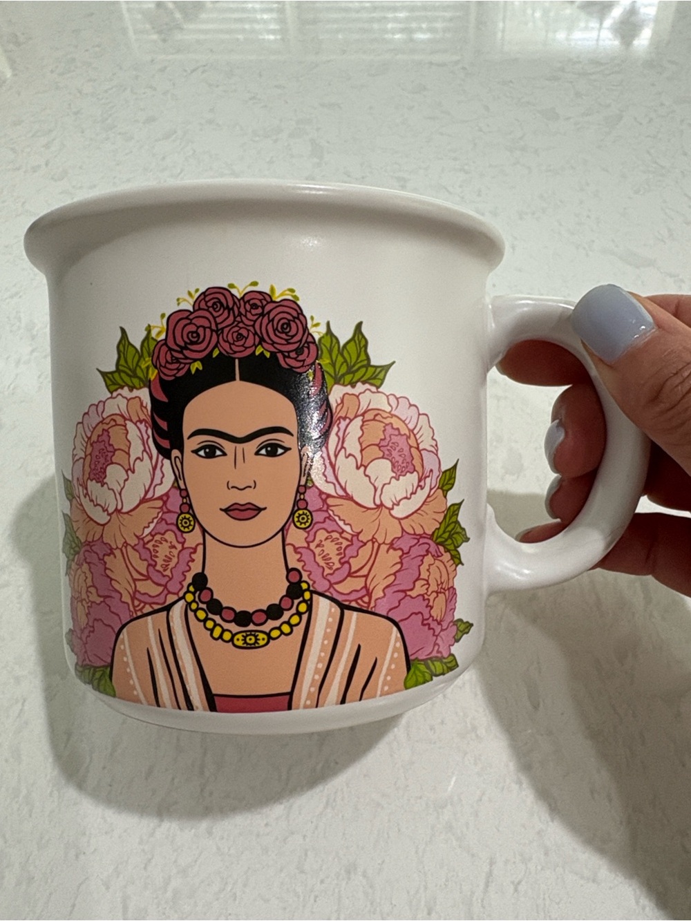Frida Kahlo Floral Ceramic Mug in White and Pink